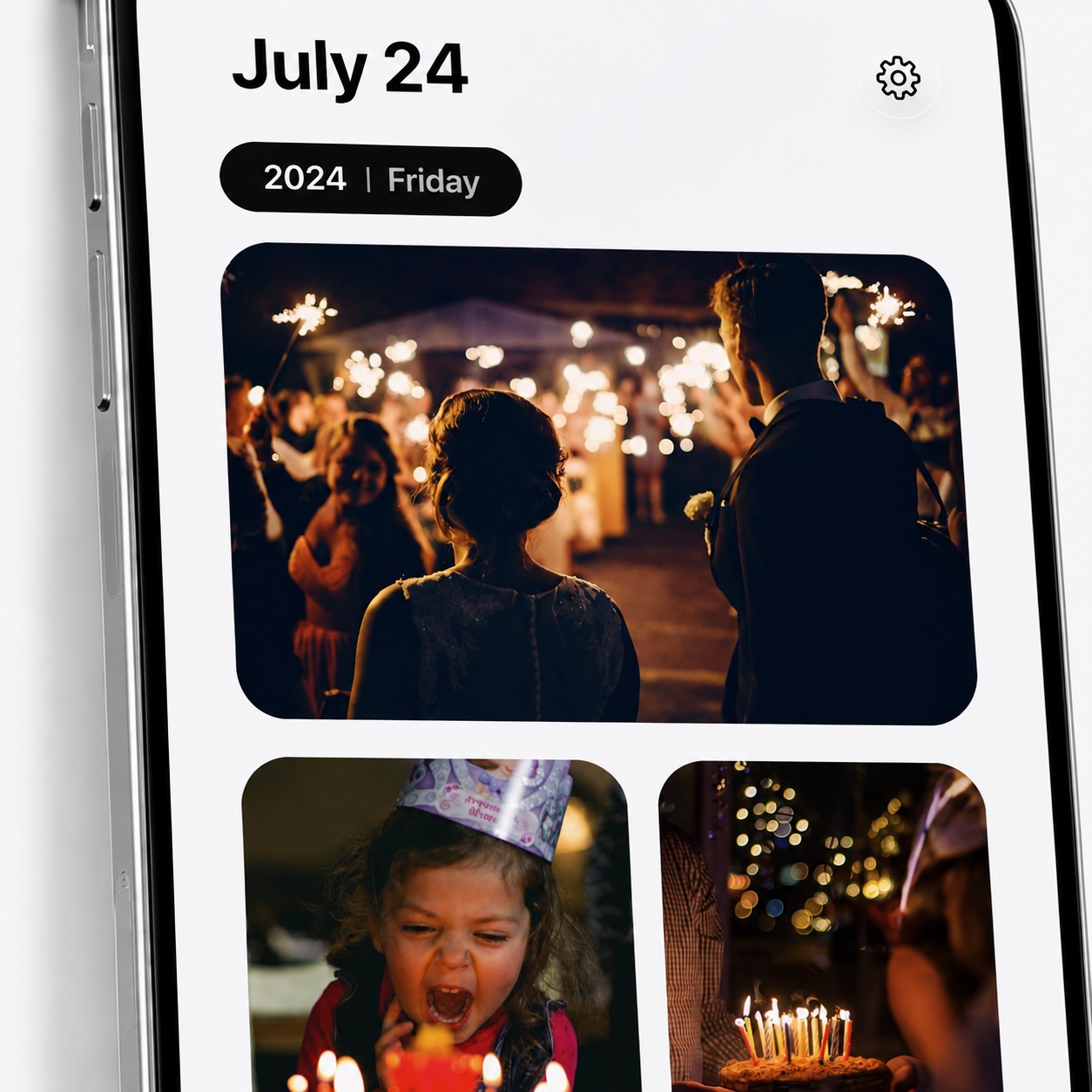 Photura’s July 24 timeline, with wedding and birthday memories. Open to inspect the original interface.