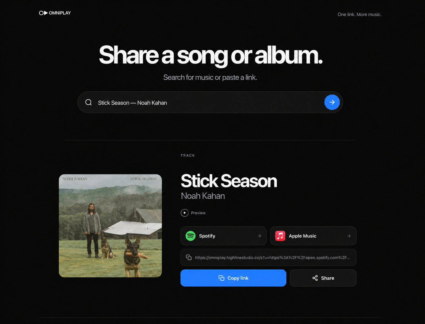 OmniPlay resolving Stick Season by Noah Kahan across Spotify and Apple Music