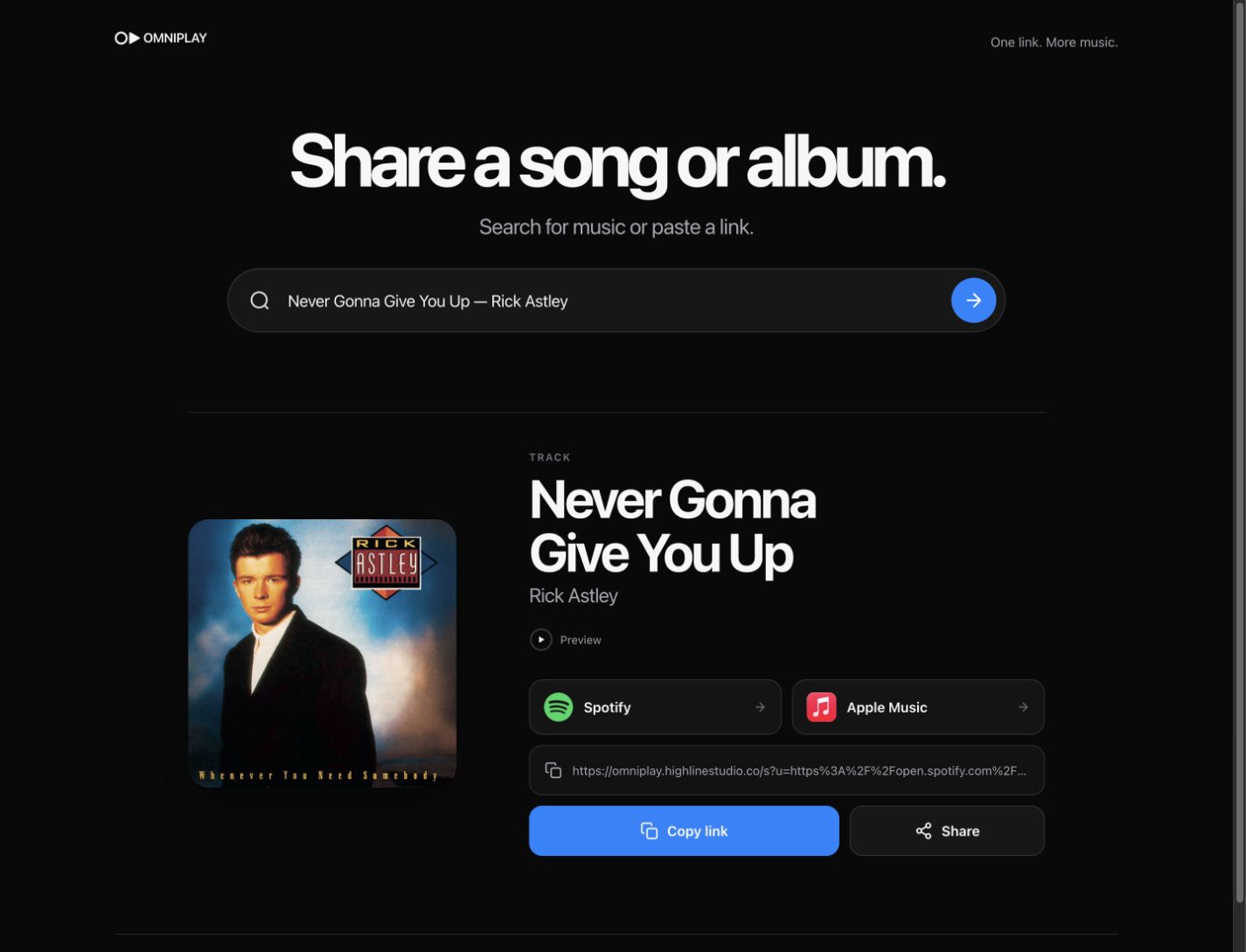 OmniPlay resolving a song across Spotify and Apple Music