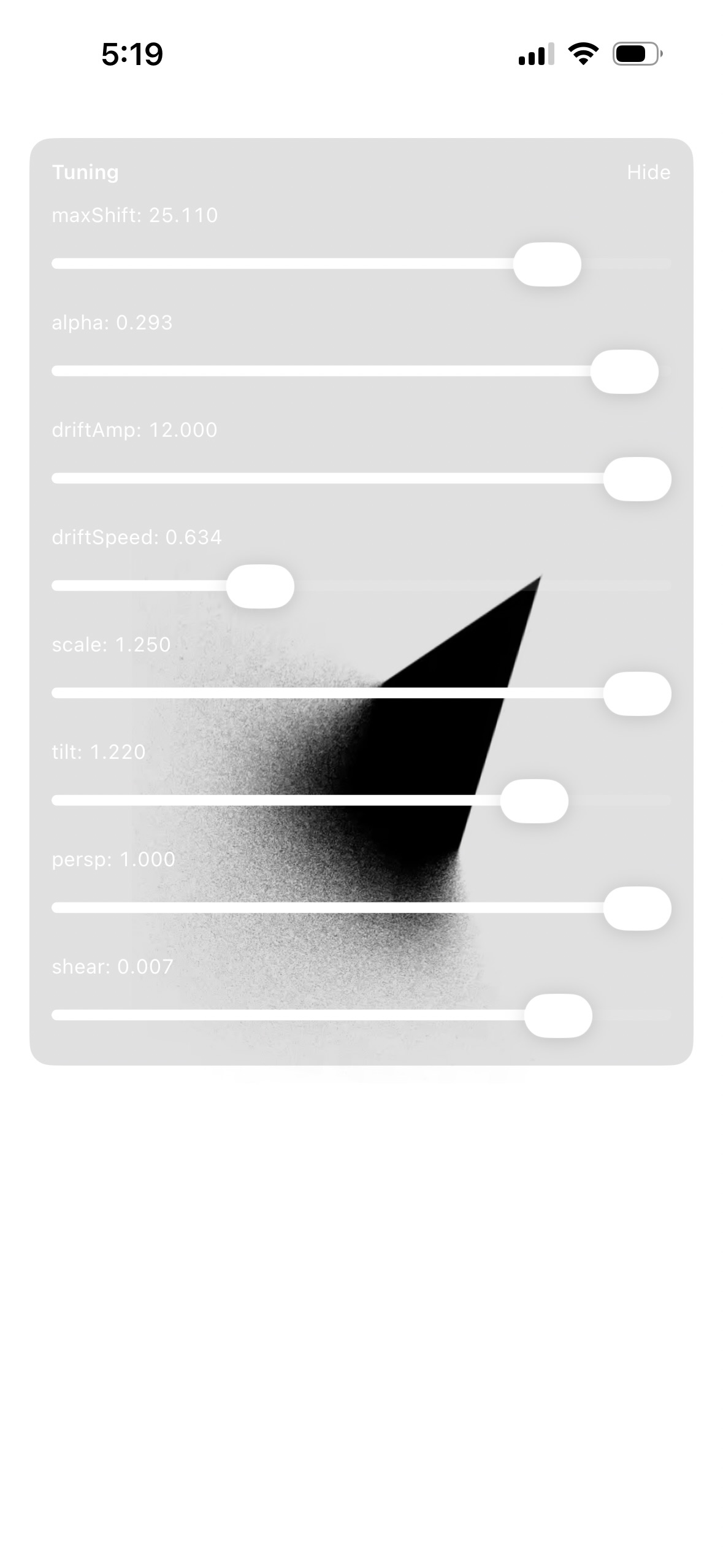 Live Photura Metal tuning interface with sliders for shift, alpha, drift, scale, tilt, perspective, and shear