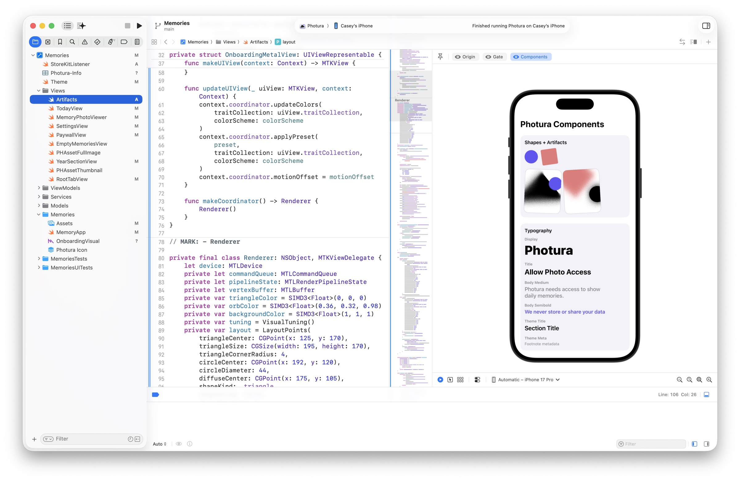 Xcode with Photura’s Metal view code and a live SwiftUI preview of its reusable visual components.